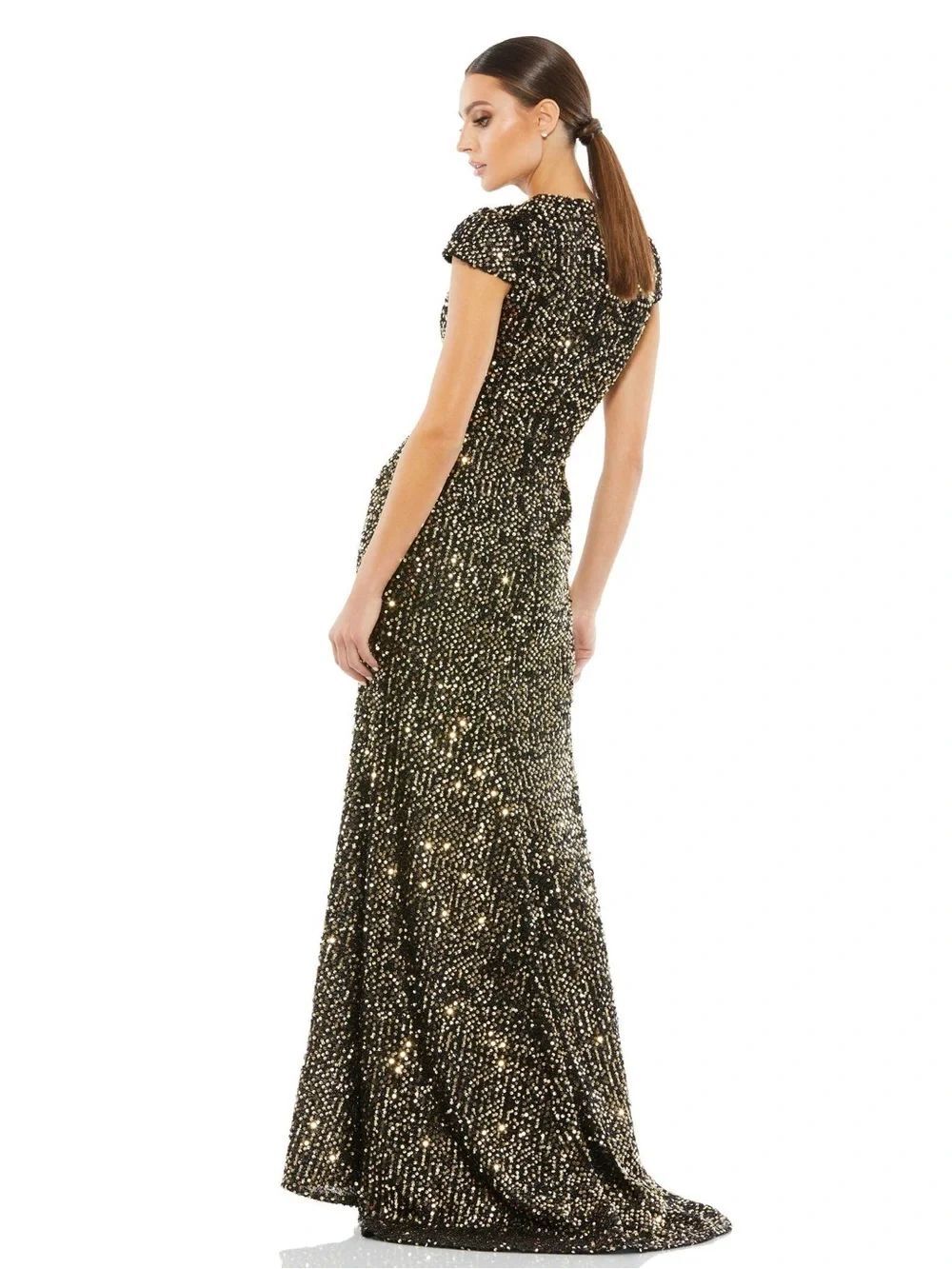 Mac Duggal Black Gold Sequin Cap Sleeve Gown Dress Size 4 - Picture 5 of 14